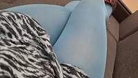 Sissy crossdresser wearing blue opaque tights teasing and cumming on the sofa - Image # 6